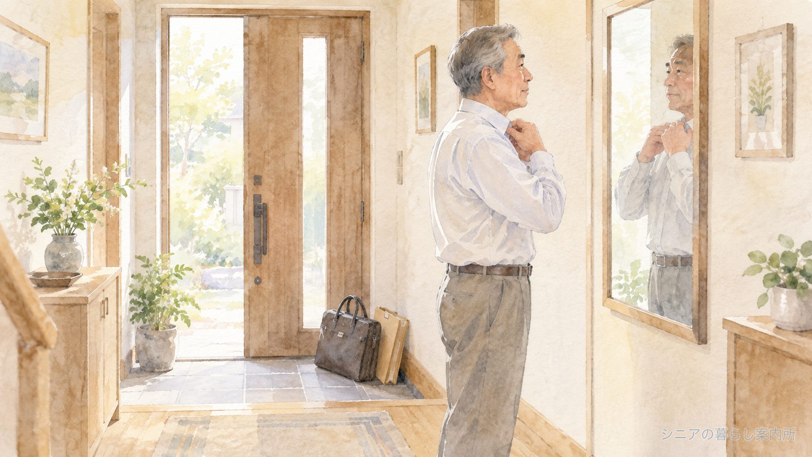 面接の前に、玄関の鏡の前で身なりを整える60代の男性