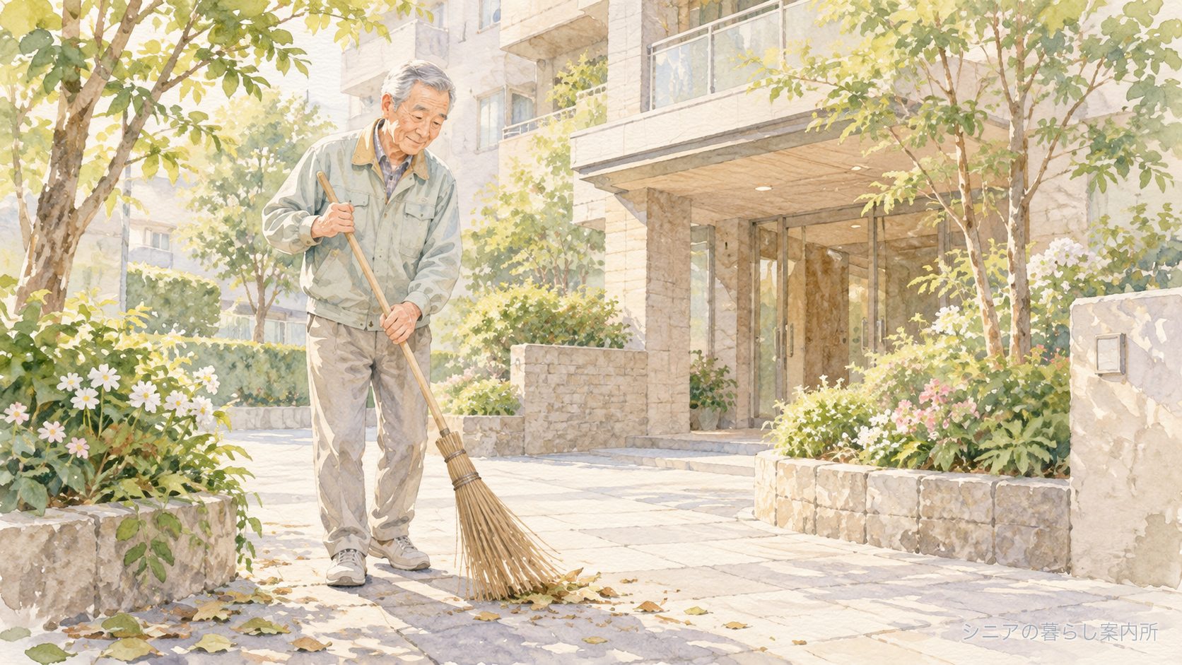 朝のマンションのエントランスをほうきで掃く70代の管理人