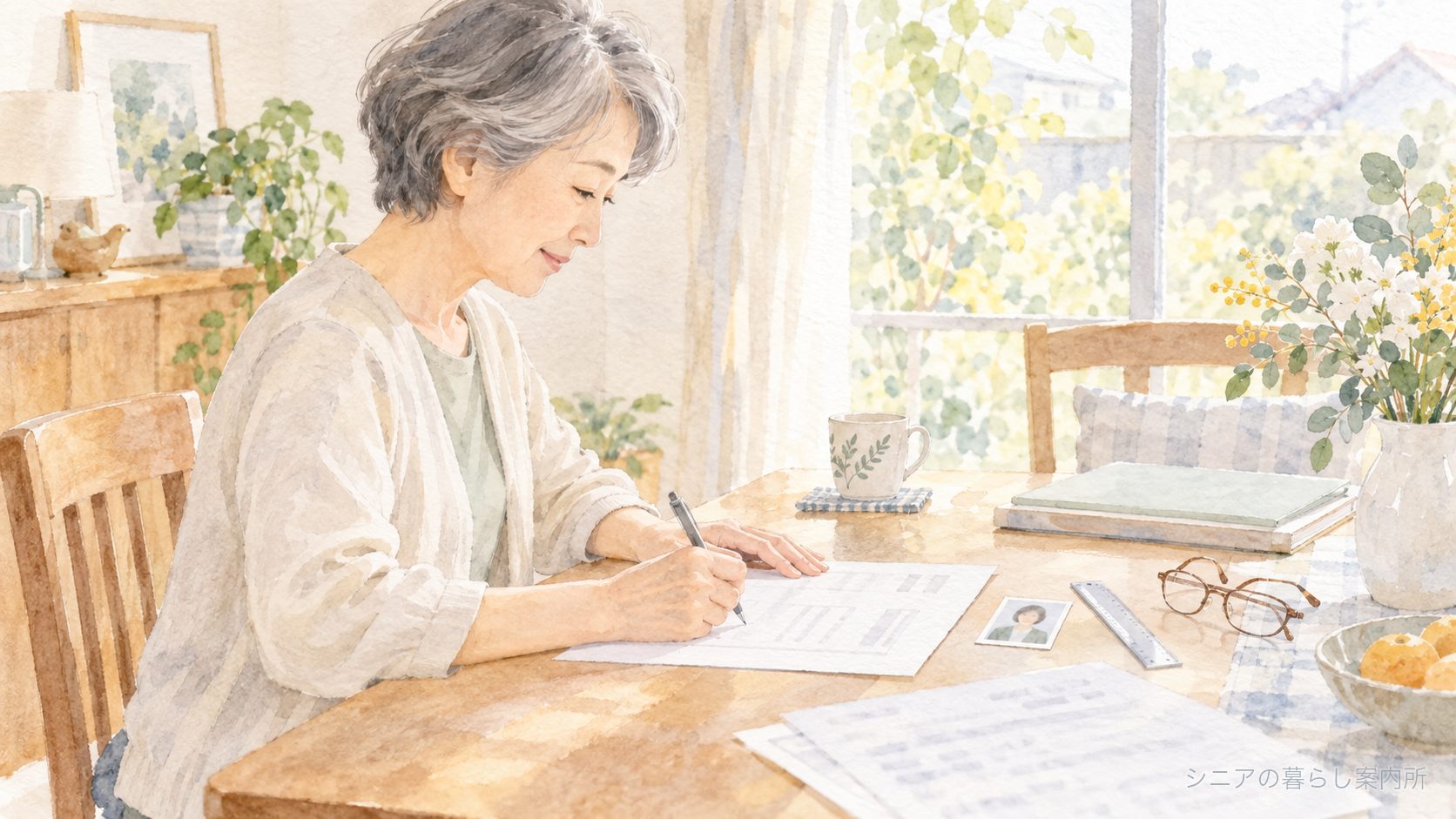 窓辺の食卓で丁寧に履歴書を書く60代の女性